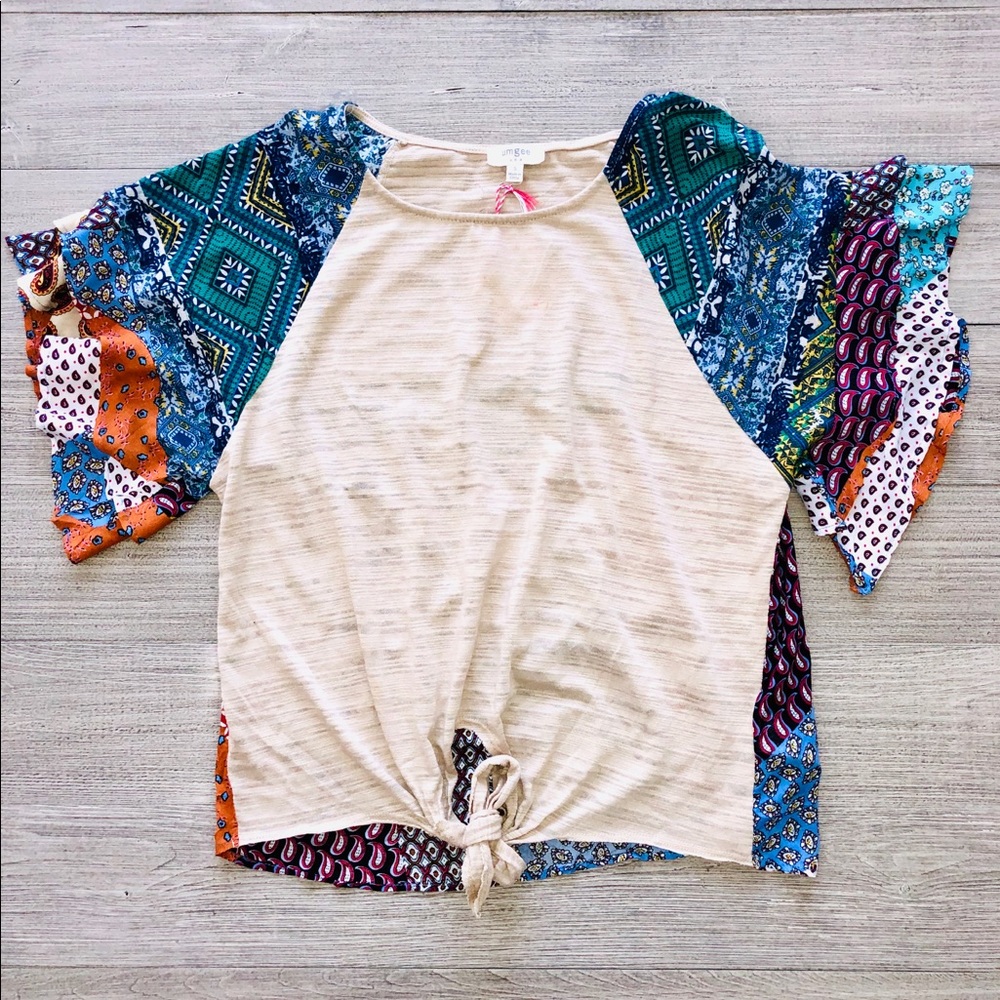 Mixed Print Knit Top w/waist tie